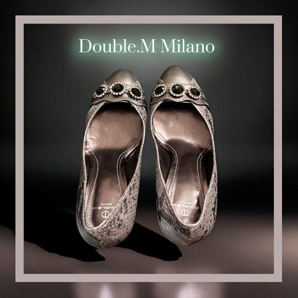 DOUBLE M MILANO Metallic Silver Python Print Statement Crystal Rhinestone Heels - Picture 7 of 11